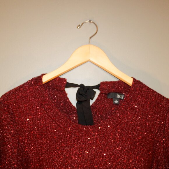 A.n.a Womens Maroon Scoop Neck Sequin Sweater, Tie Back, Size Small, Holiday - Picture 4 of 10